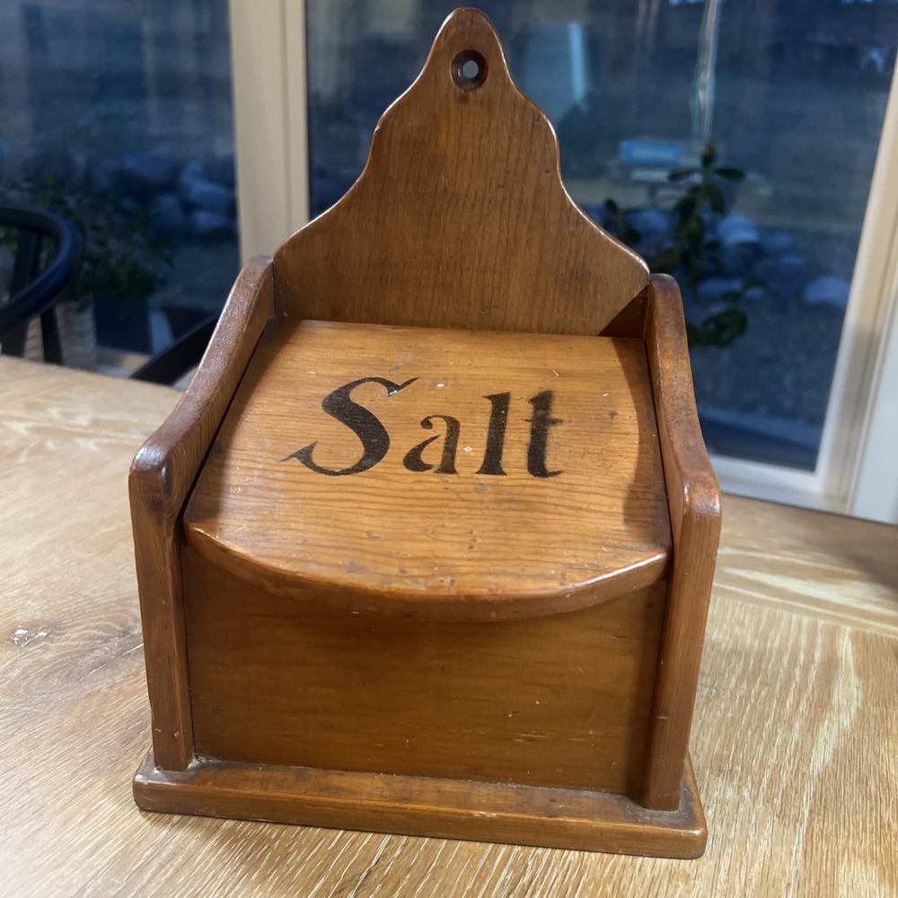 Vintage Wall Hanging Wooden Salt Box Recipe Holder w/ Original Pattern Farmhouse